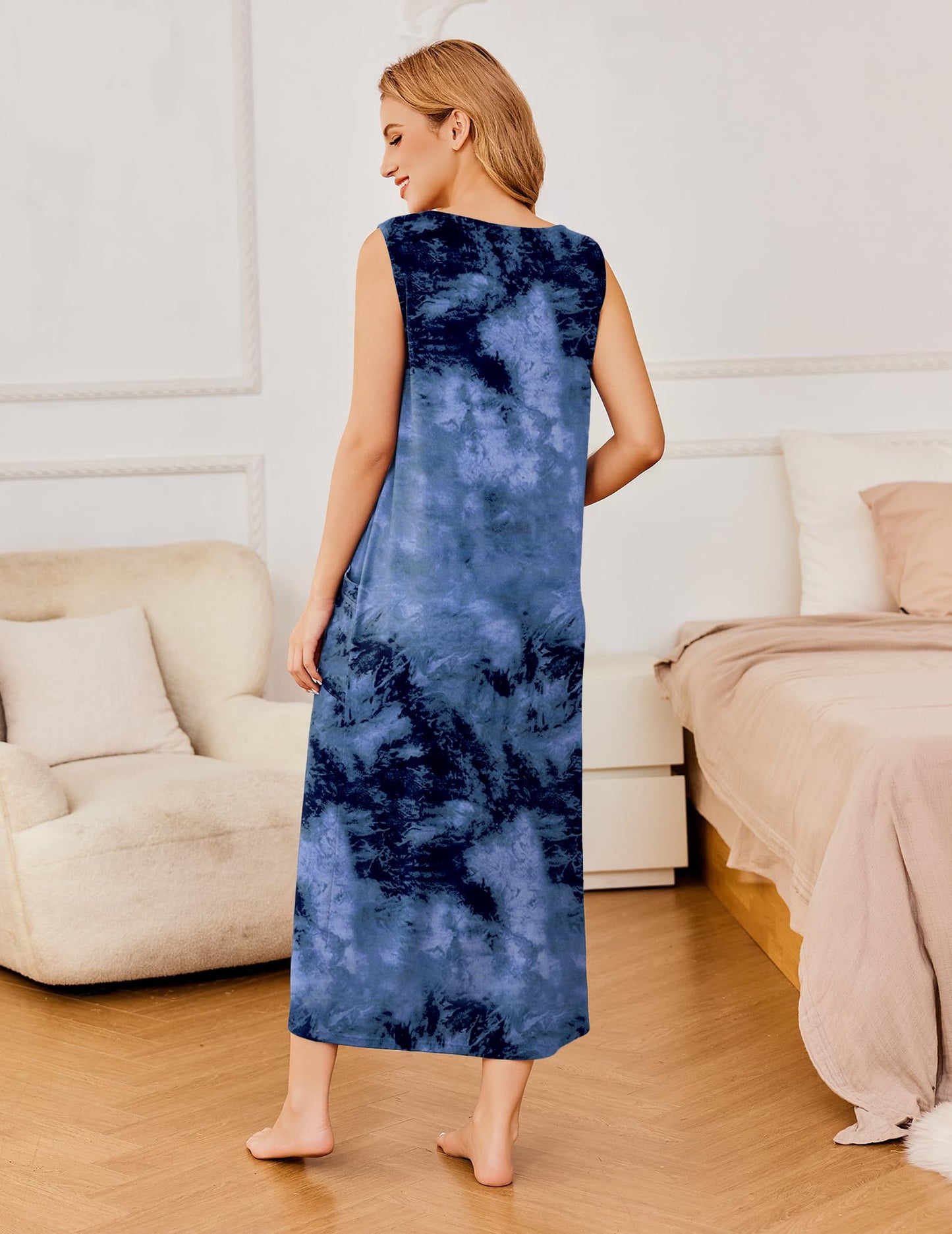 Ekouaer Nightgowns for Women Sleeveless Sleepshirt Long Print House Dress Tank Nightshirt Maxi Casual Dress with Pockets Tie Dye Blue XXXL