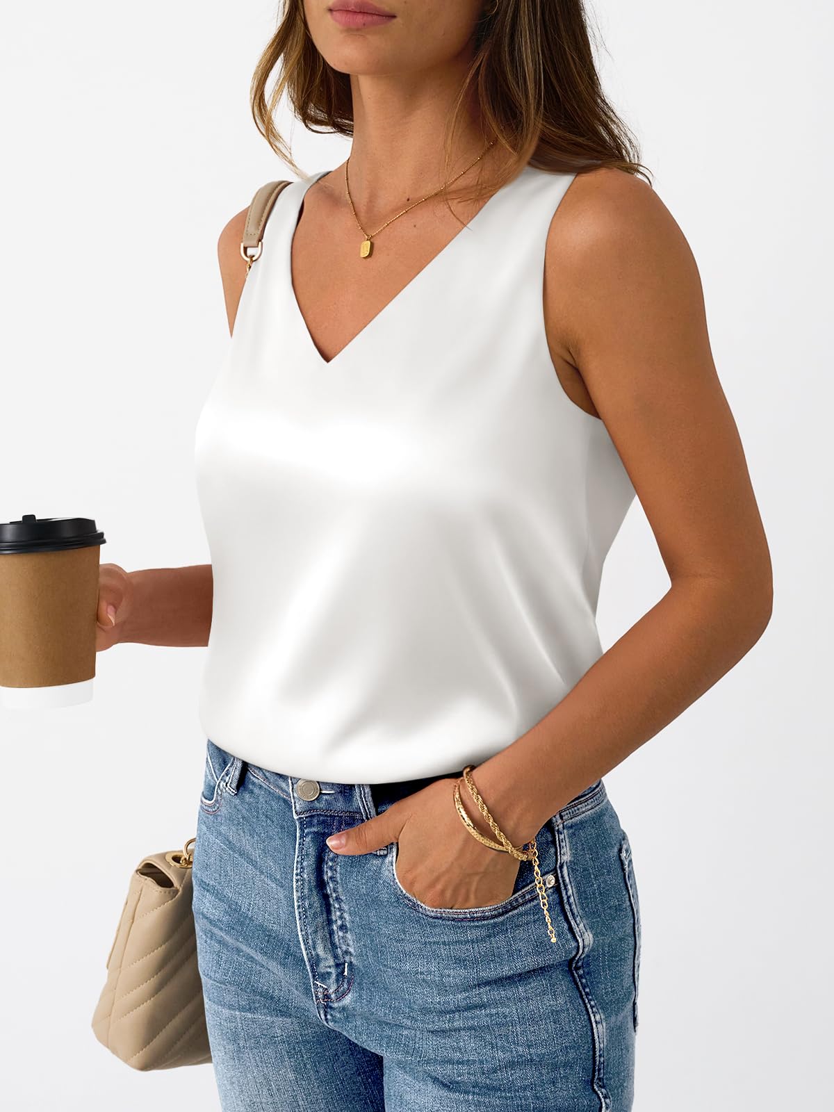 LILLUSORY Women Silk Satin Tank Top V Neck Summer Blouse Sleeveless Shirt Business Casual Dressy Outfit Vacation Clothes White M