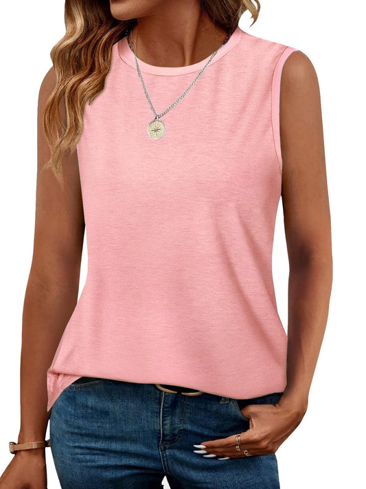 GKBK Womens Tank Tops Loose Fit High Neck Casual Flowy Summer Tees Crew Neck Trendy Sleeveless Tops 2025 Beach Vacation OutfitPink, XL