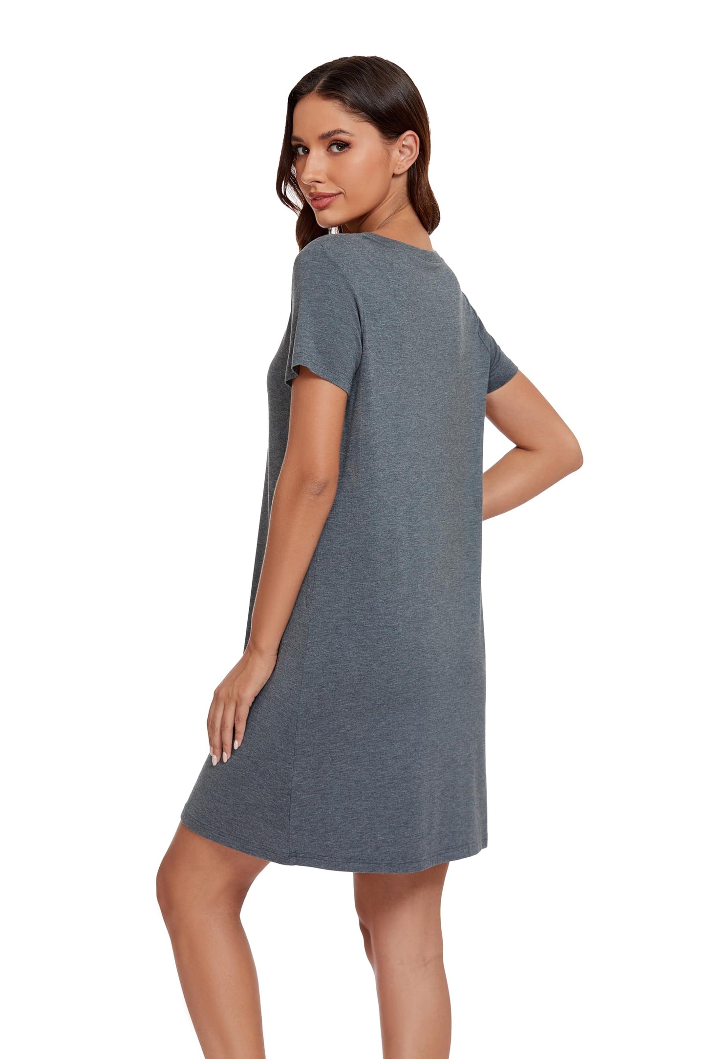 LUBOT Nightgowns for Women Bamboo Viscose Soft Cooling Breathable Short Sleeve V Neck Sleepshirts Sleepwear Nightshirt Dress Plus Size (Dark Gray,M)