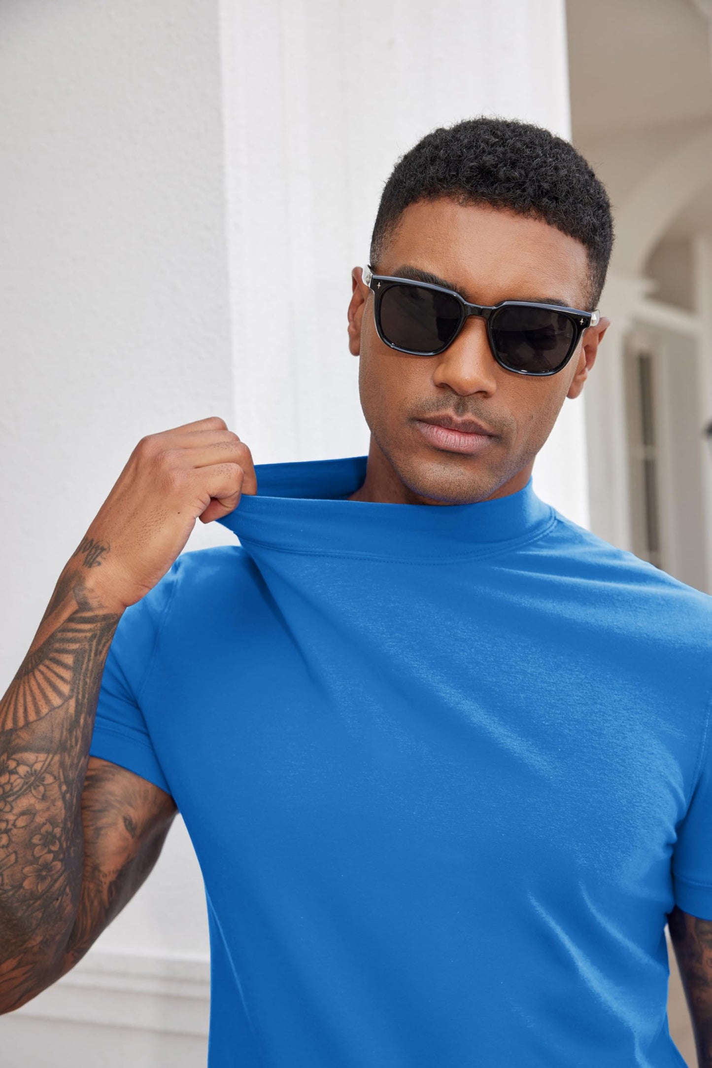 COOFANDY Mens Short Sleeve Mock Turtleneck Shirts Classic Dress Mock Neck Tshirts Heavyweight High Neck T Shirts Fashion Big and Tall T-Shirts Blue