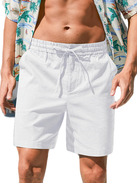 RQP Mens Linen Shorts Casual Drawstring 7inch Inseam Flat Front Shorts Stretch Shorts,White