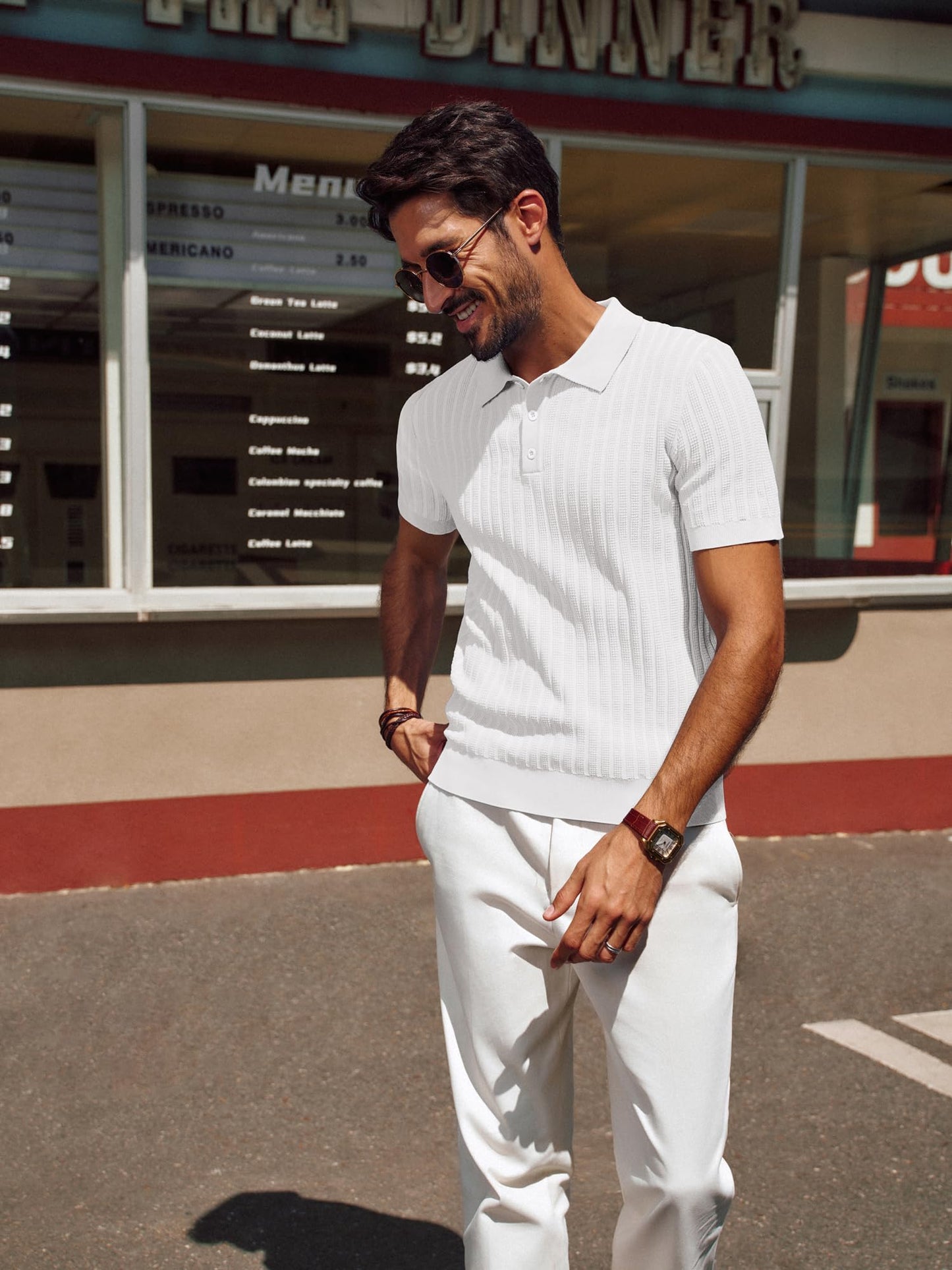 PJ PAUL JONES Mens Polo Shirts Short Sleeve Vintage Polo Shirt Textured Polo T Shirt Classic Knit Golf Shirt Collared T Shirt White L