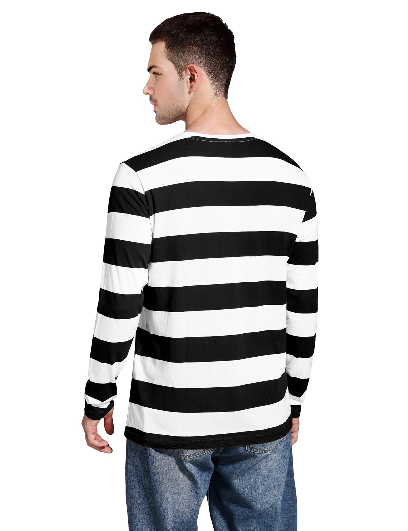 Zbrandy Mens Striped Shirt Wide Stripes Long Sleeve Crew Neck Tees Black and White M