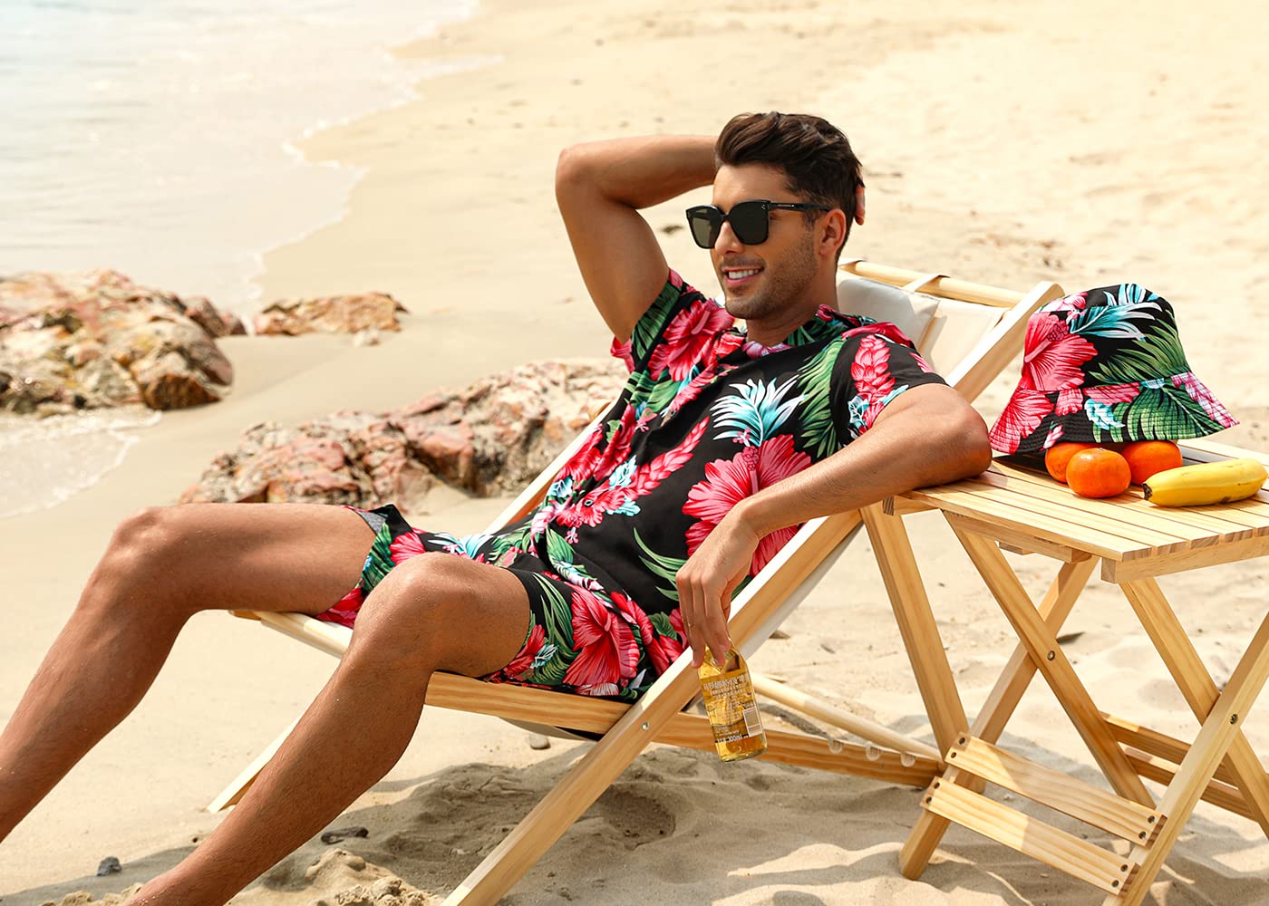 EISHOPEER Men's Hawaiian Shirt and Short 2 Piece Outfits Sets Casual Button Down Beach Floral Shirts Suits with Bucket Hats Large
