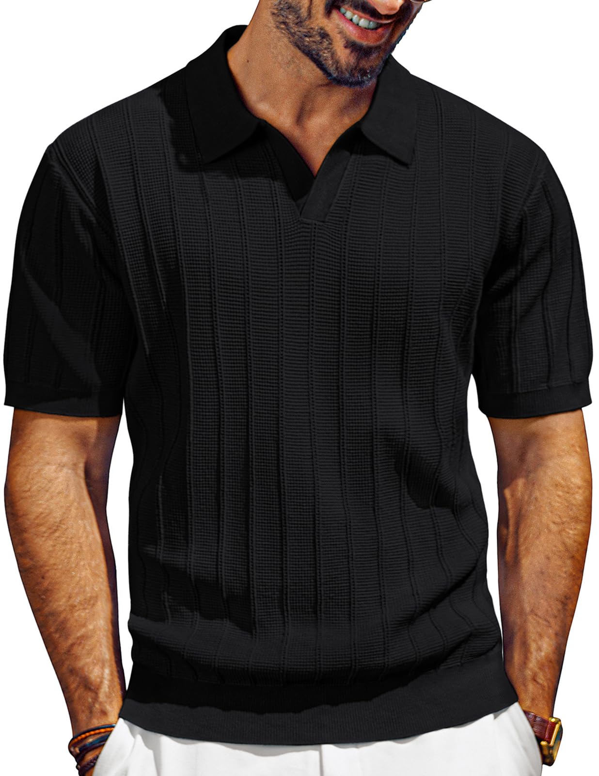 PJ PAUL JONES Mens Polo Shirts Short Sleeve Textured Knit Golf Shirts Collared V Neck Polo Shirts Black