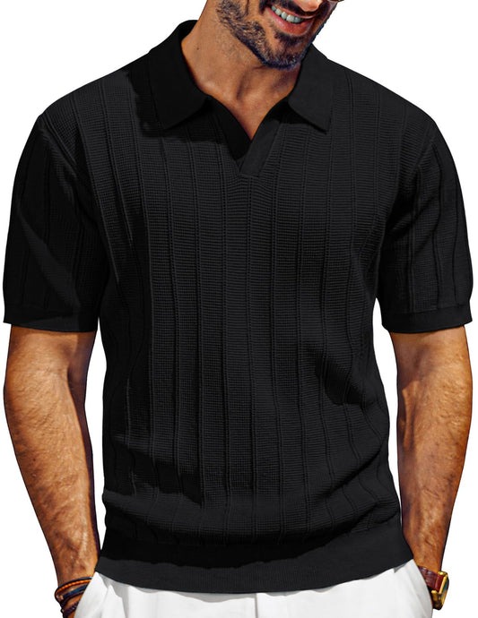 PJ PAUL JONES Mens Polo Shirts Short Sleeve Textured Knit Golf Shirts Collared V Neck Polo Shirts Black