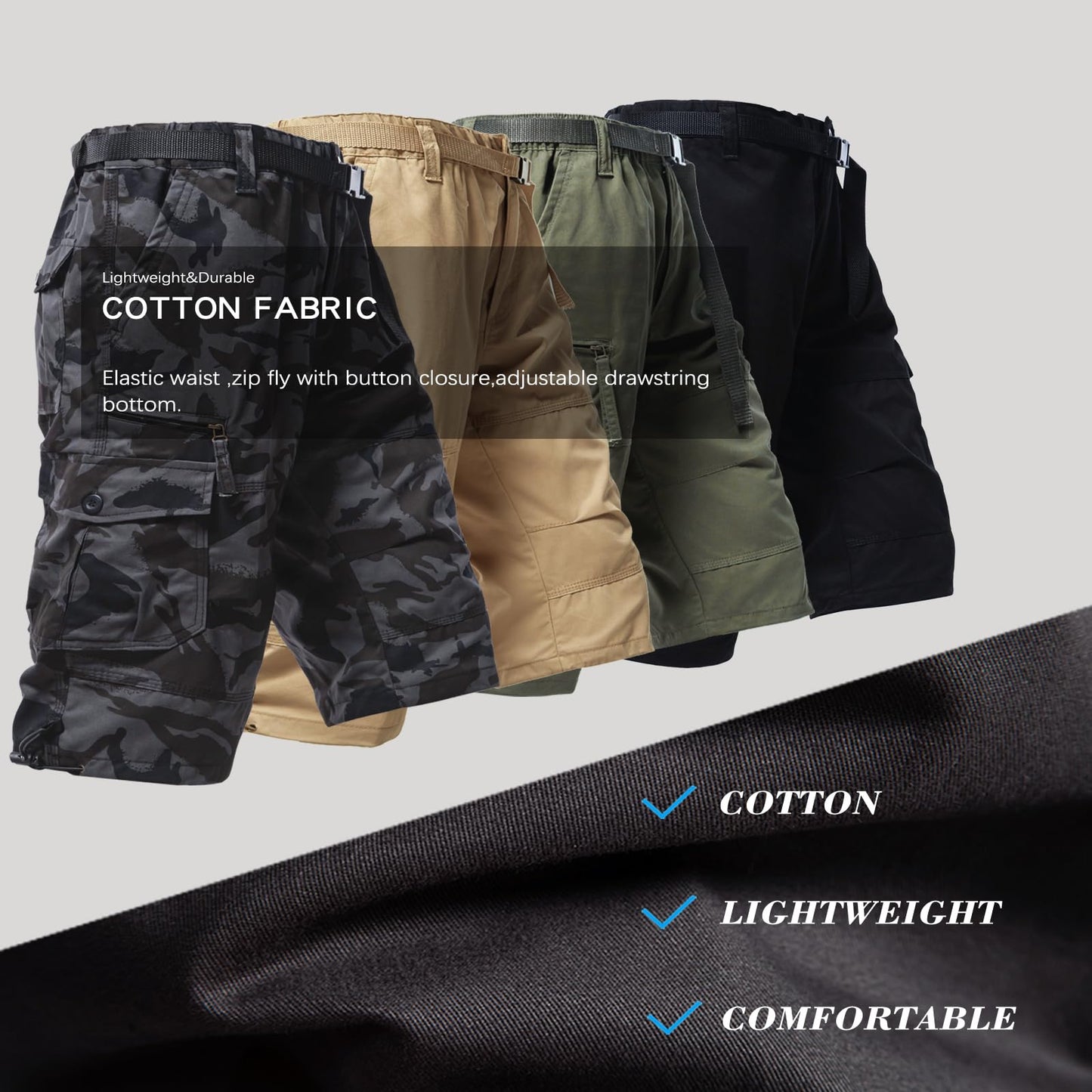 Mylldey Men's Cargo Shorts 3/4 Relaxed Fit Mens Running Shorts 7 Pockets Elastic Waist Cotton Hiking Shorts (Black Camo, L)