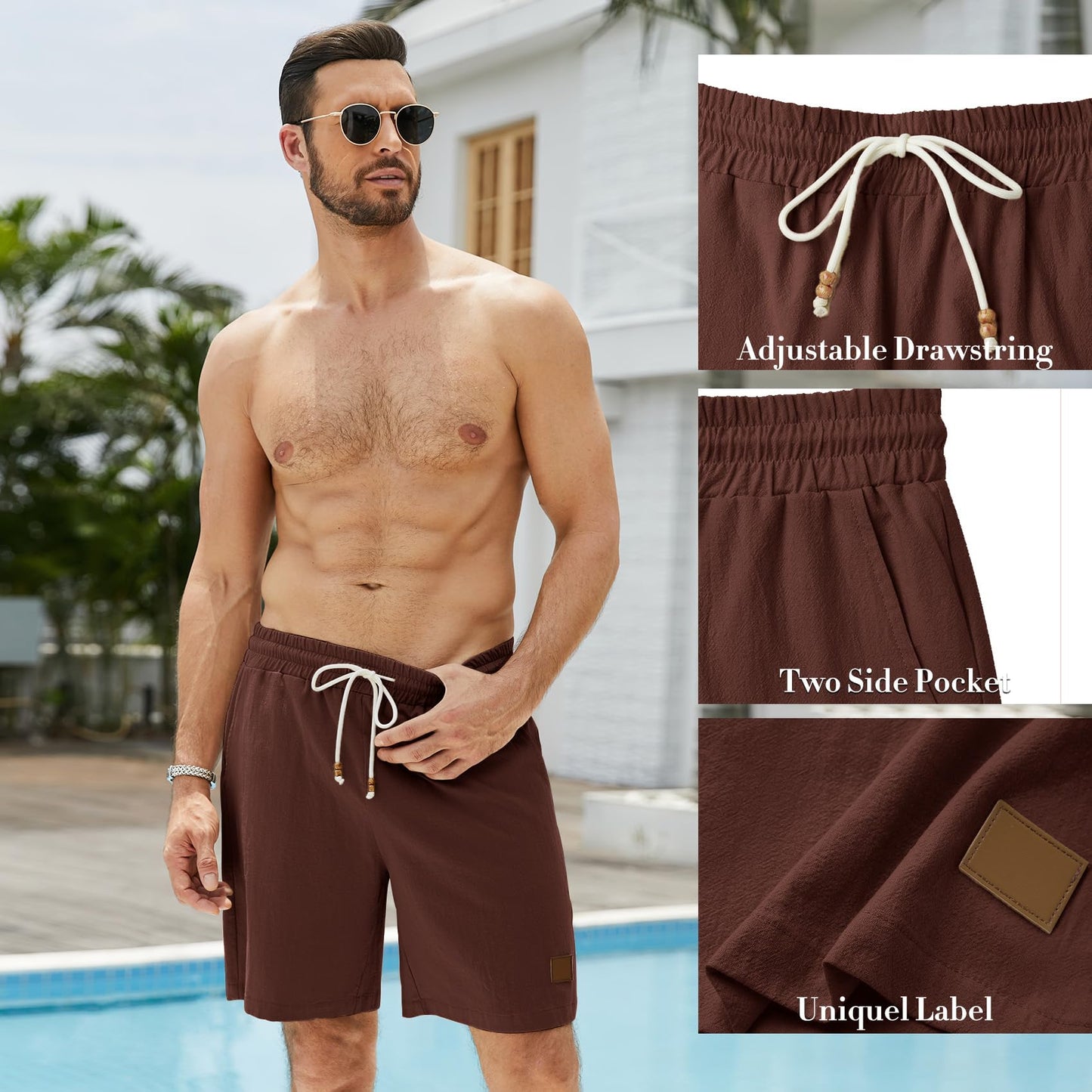 hawalili Mens Shorts 7 Inch Inseam 100% Cotton Drawstring Elastic Waist Summer Beach Stretch Golf Shorts Casual with Pockets Brown,XL