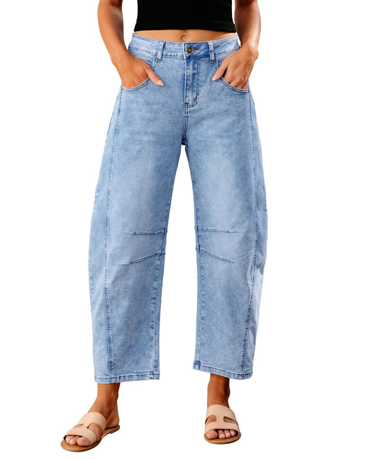 GRAPENT High Waisted Jeans for Women Cropped Jeans for Women Light Wash Jean Pants Barrel Leg Winter Baggy Pants for Spring Summer Fall Color Roadnight Blue Medium Size 8 Size 10
