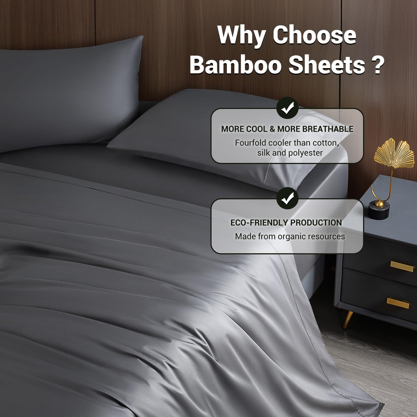 Shilucheng 4 Piece Queen Sheet Sets, Cooling Sheets, Blend Rayon Derived from Bamboo, Deep Pocket Up to 16", Breathable & Soft Bed Sheets, Hotel Silky Bedding Set, Dark Grey