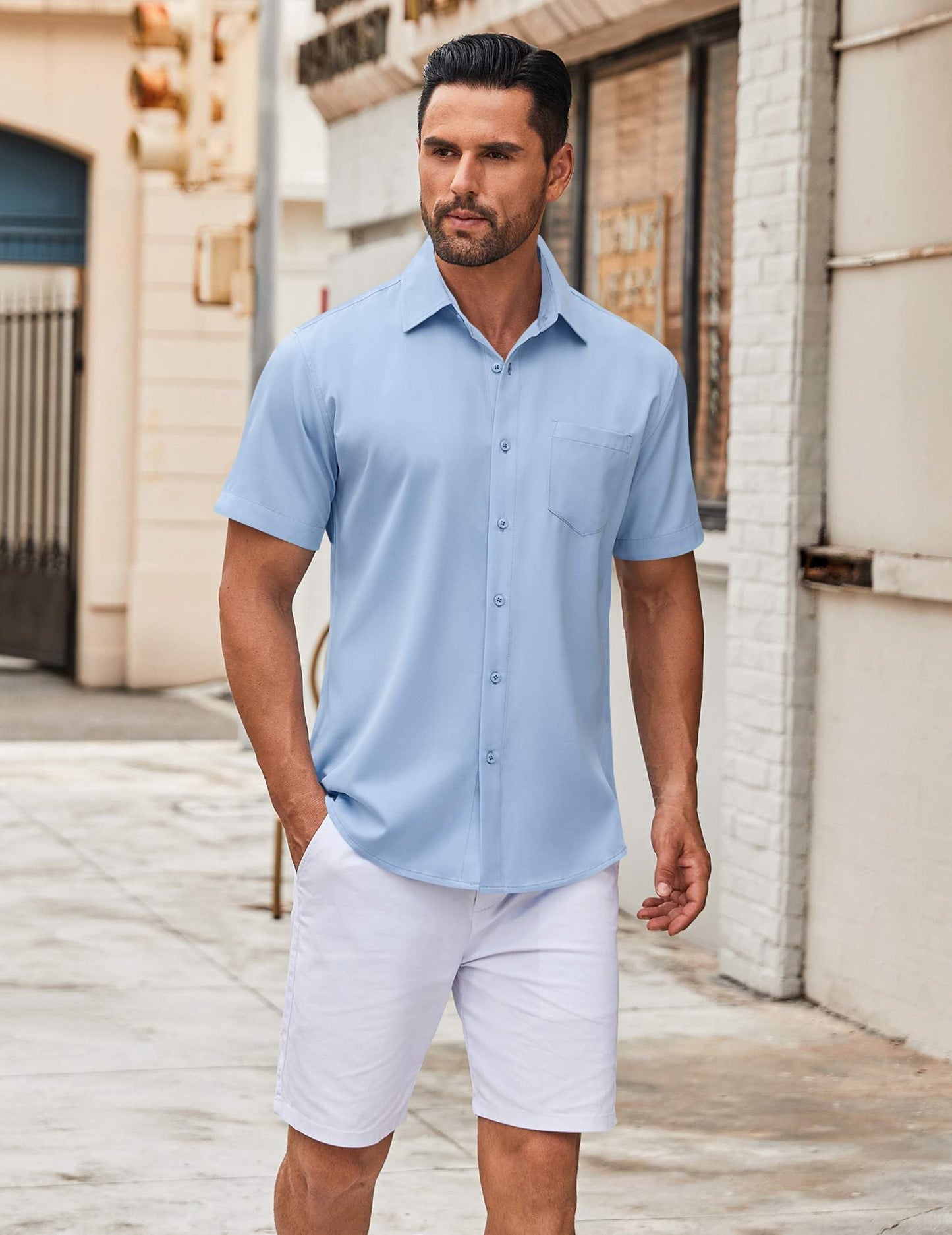 COOFANDY Men Summer Button Down Shirt Casual Short Sleeve Stretch Dress Shirt Stylish Slim Fit Muscle Fit Shirt Blue