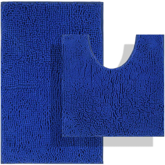 BOANKODU Rug Set, 2 Piece Chenille Bath Mat, Royal Blue, High Pile, Non-Slip, Absorbent, Soft, Machine Washable, 32x20 + 20x20 U Shape, Bathroom