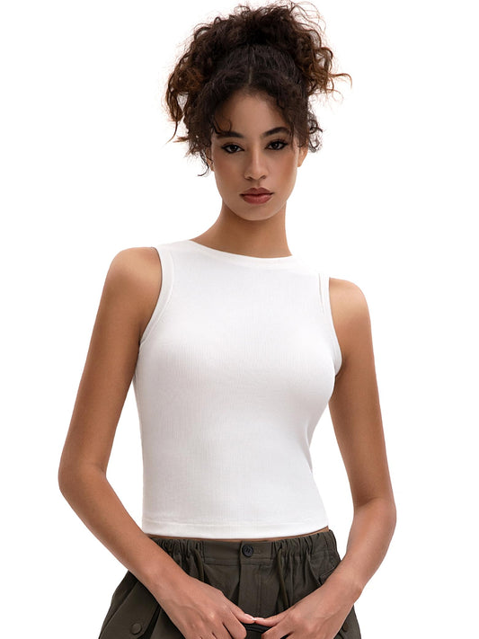 MOSSROZZ Women's High Neck Tank Top White Ribbed Basic Tanks Casual Crop Tops Sleeveless Shirts 2025 Summer Stretchy Slim Fit Outfits for Going Out, M