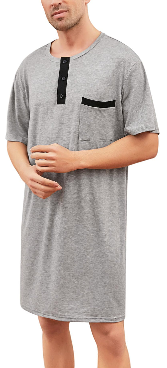 Men's Cotton Pyjama Tops Soft Sleepwear Breathable Nightgown Knee Length Night Shirts Loose Nightwear Lounge Wear,Short Sleeve/Short Sleeve-3-Grey/L