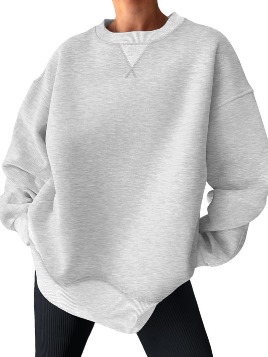 Trendy Queen Womens Oversized Crewneck Sweatshirt Fleeced 2025 Fall Fashion Outfits Clothes Clothing Loose Fit Comfy Crew Neck Color Block Pullover Top Grey