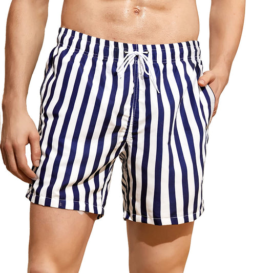 MADHERO Mens Swim Trunks Short Bathing Suit with Mesh Lining Swimming Shorts White Striped Size L