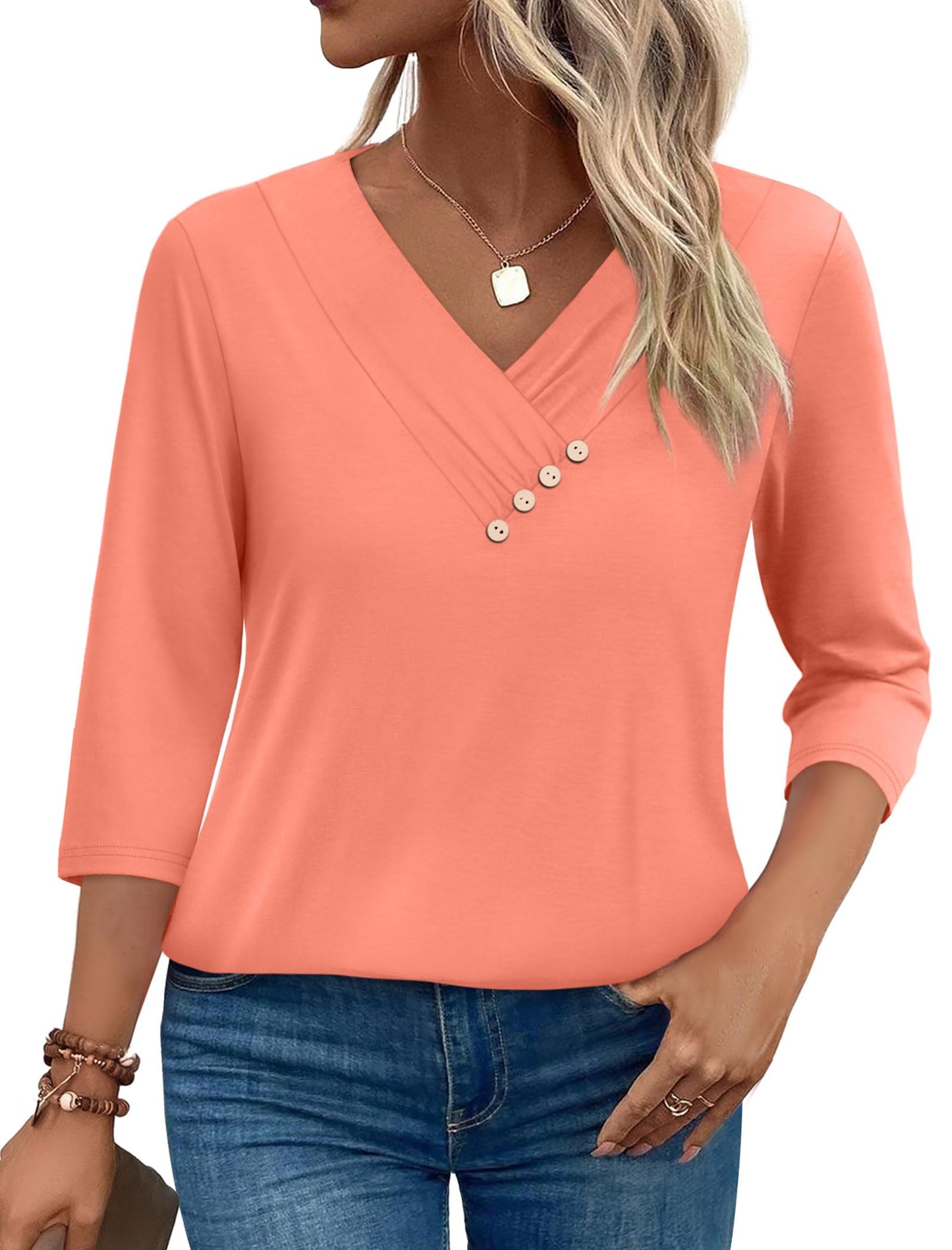 SAMPEEL 3/4 Sleeve Spring Tops for Women V Neck Button Down Blouses Buiness Dressy Casual Shirts Summer Clothes 2025 XL Coral