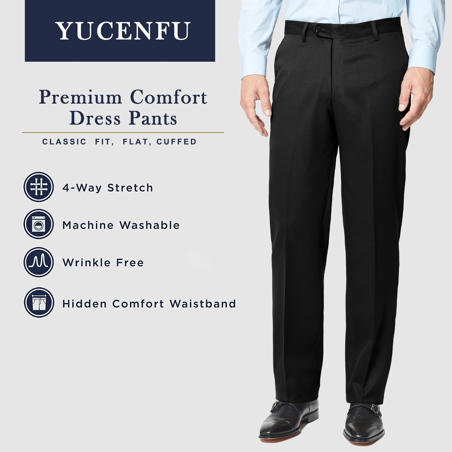 Men's Cozy Hidden Expandable Waist Dress Pants | Premium Stretch Texture Weave Work to Weekend Pant (Black,36W×30L)