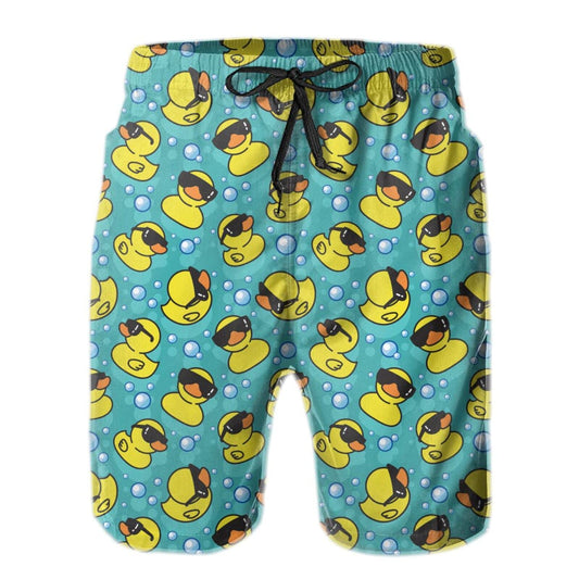 FREEHOTU Men's Swim Trunks Yellow Duck Sunglasses Teal Blue Beach Board Shorts Quick Dry Swimwear Sports with Pockets Large