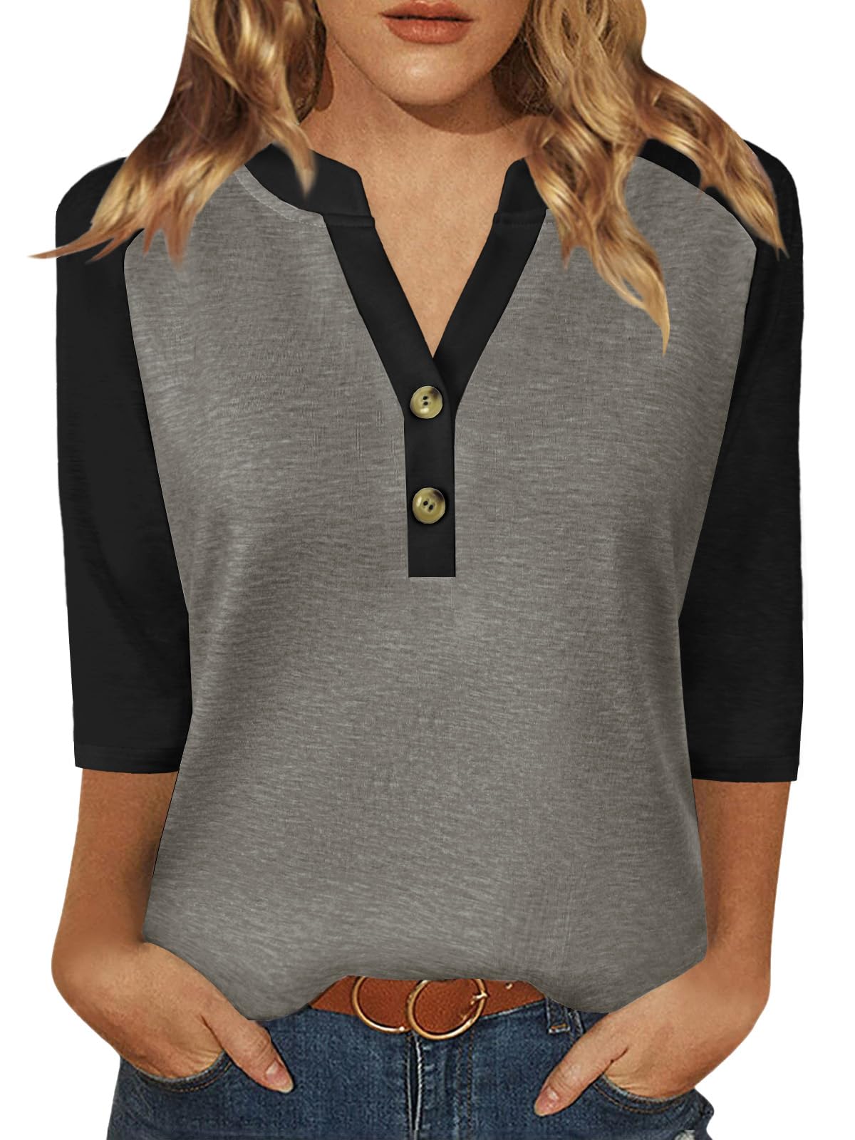 Dimur 3/4 Sleeve Tops for Women Business Casual Button Down Shirts Workout Summer Basic Tees Grey Black X-Large