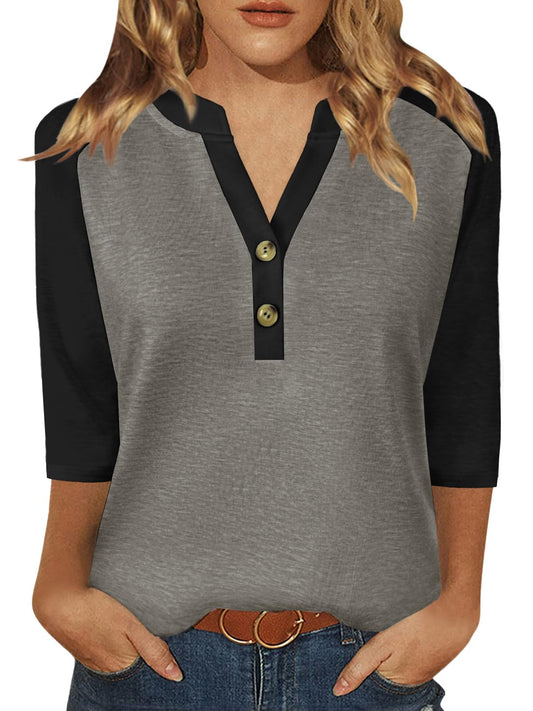 Dimur 3/4 Sleeve Tops for Women Business Casual Button Down Shirts Workout Summer Basic Tees Grey Black X-Large