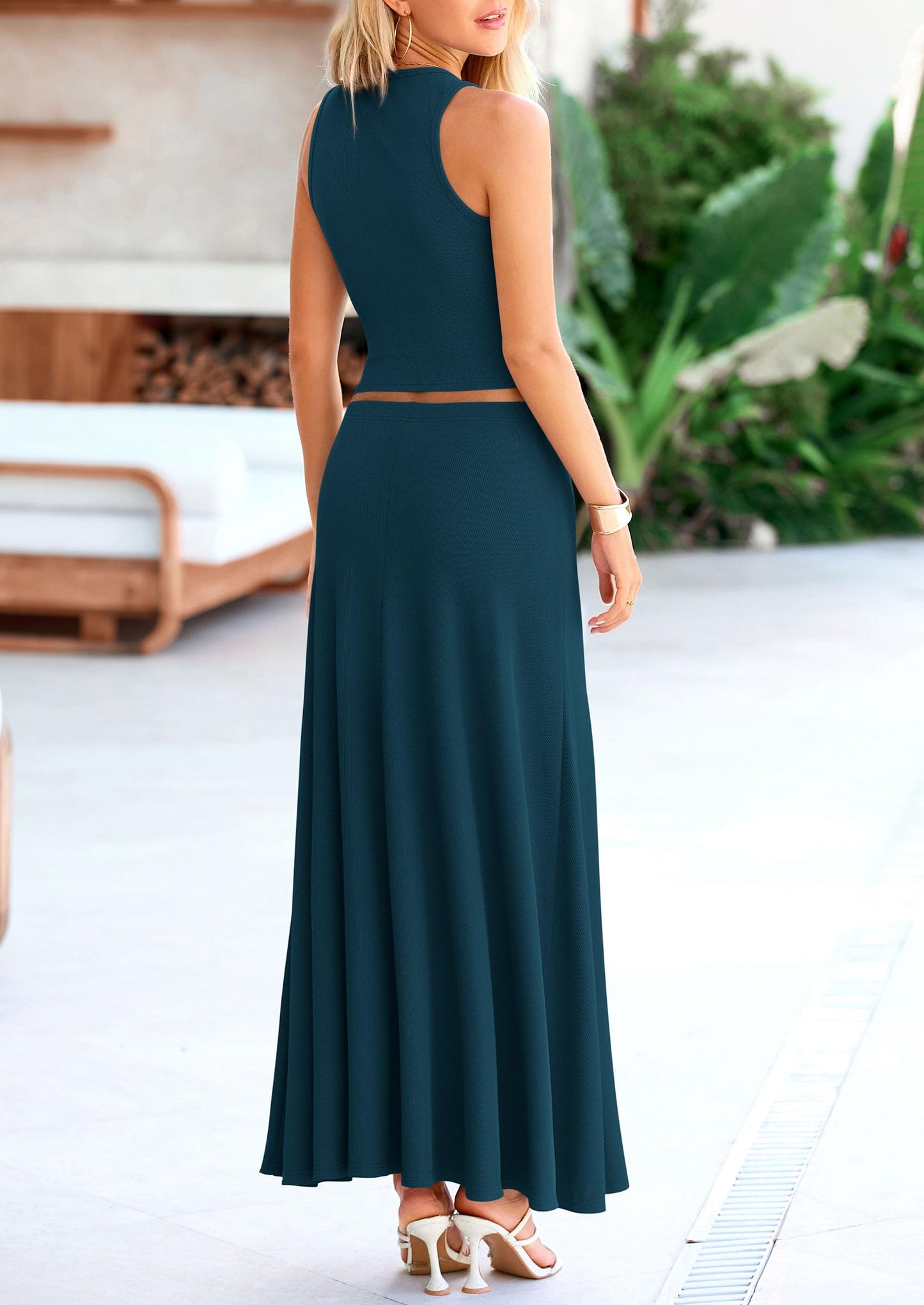 PRETTYGARDEN Women's 2 Piece Maxi Skirt Sets Casual Summer Knit Cropped Tank Top High Waisted Long Skirts Outfit (Lake Blue,Medium)
