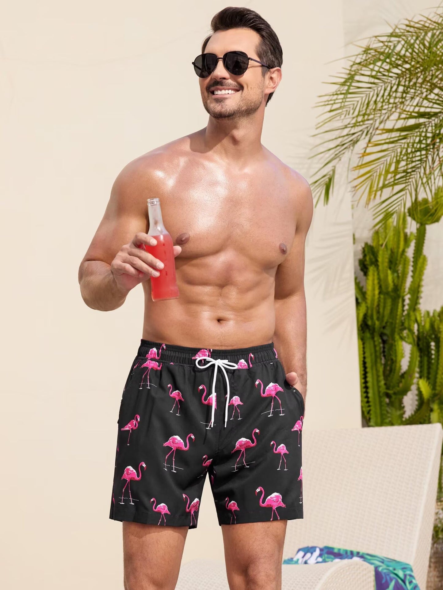 SILKWORLD Mens Swim Trunks Swim Shorts Quick Dry 5 inch Inseam Beach Shorts with Compression Liner and Zipper Pocket, Black Pink Flamingo, Large