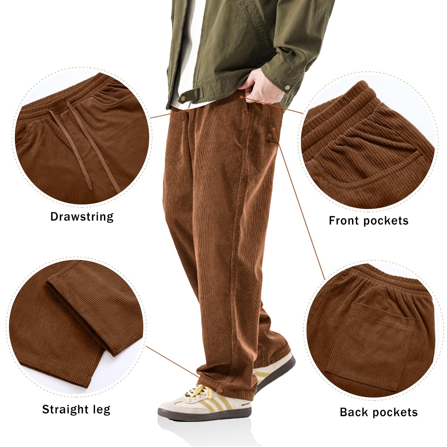 PLEPAN Men Loose Elastic Waist Corduroy Pants Casual Drawstring Outdoor Stretch Wide Leg Streetwear Sweatpant L Brown