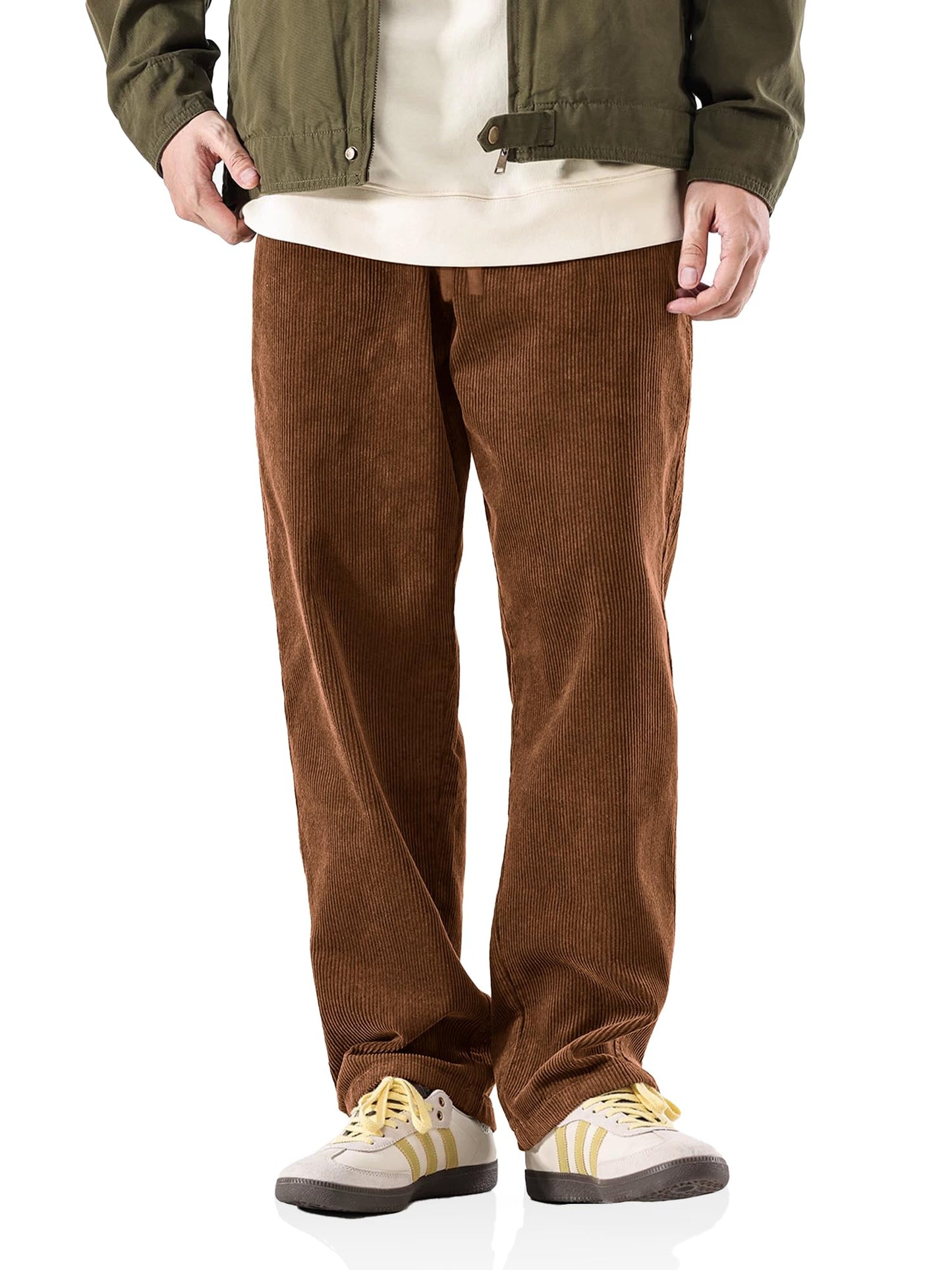 PLEPAN Men Loose Elastic Waist Corduroy Pants Casual Drawstring Outdoor Stretch Wide Leg Streetwear Sweatpant L Brown