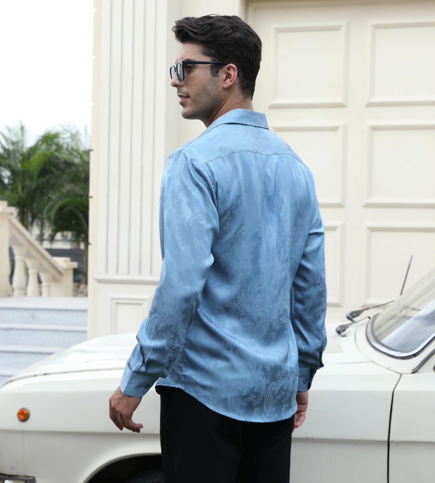 Alex Vando Mens Luxury Satin Dress Shirt Long Sleeve Silk Shiny Sateen Party Shirt,Blue Paisley,L