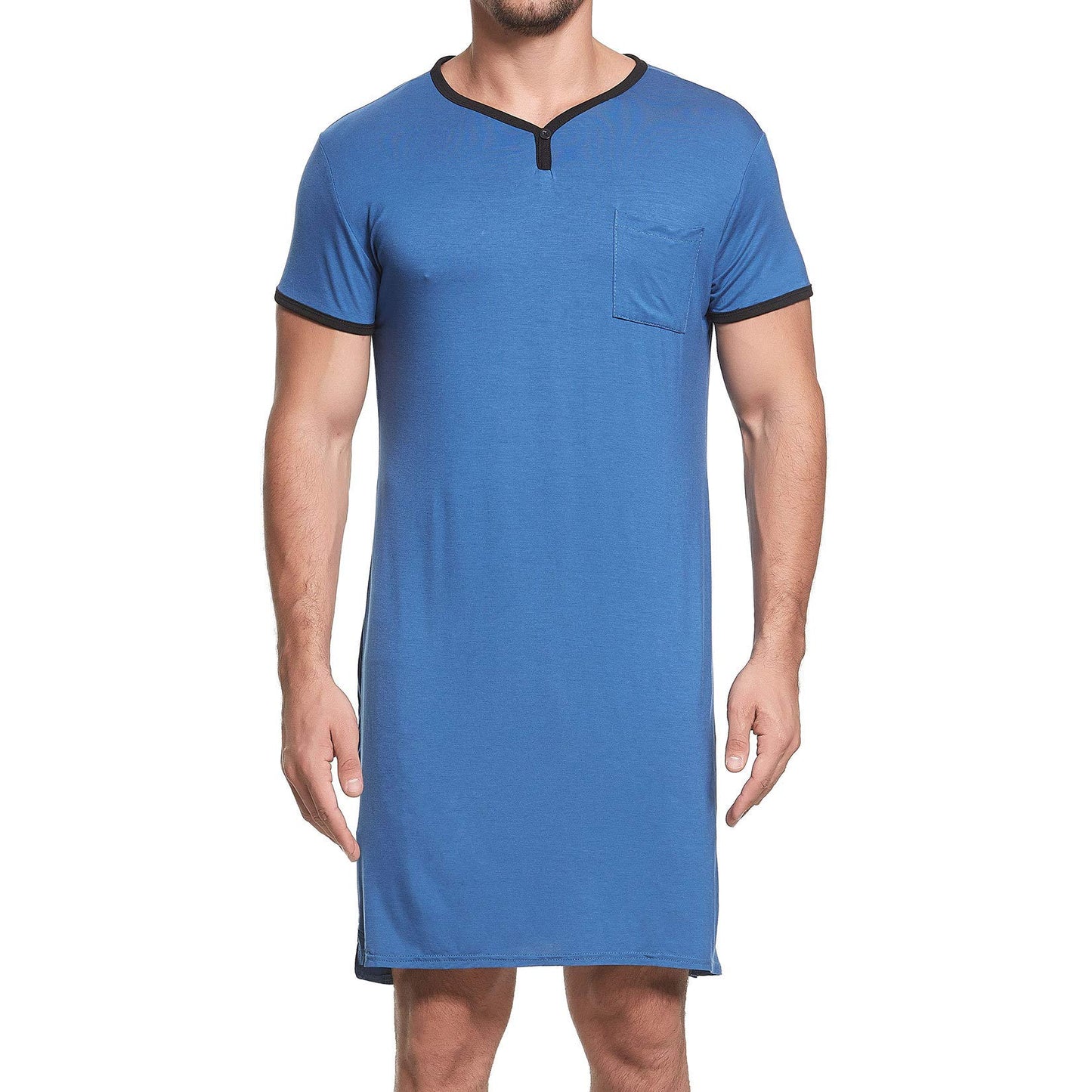 Lu's Chic Men's Short Sleeve Nightshirt Henley Pajama Top V Neck Nightgown Pocket Sleep Gown Sleepwear Loose Loungewear Sleeping Lounge Long Knee Shirt Casual Nightwear Plain Navy Large