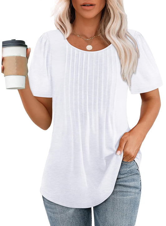 Womens T Shirts Summer Pleating Round Neck Short Sleeve Plain Tops White XL
