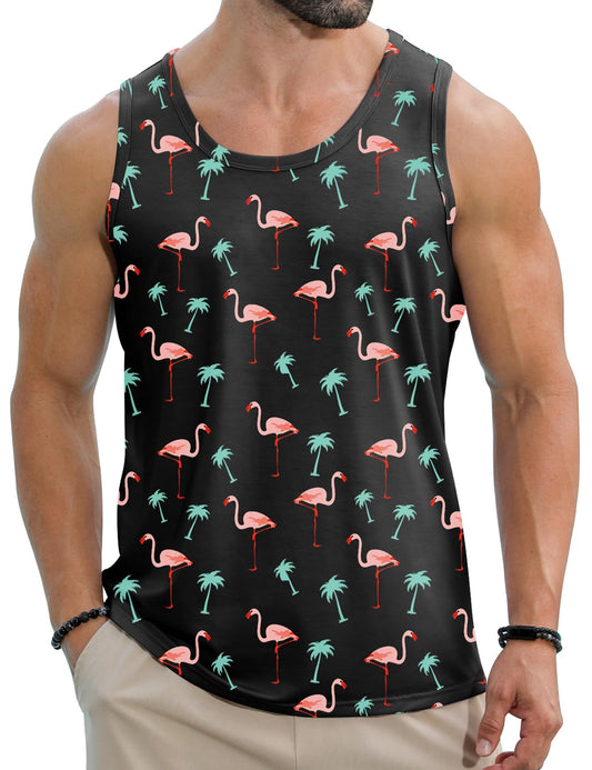 Babioboa Men Funky Hawaiian Tank Top Tropical Floral Beach Shirt Sleeveless Quick Dry T-Shirt Summer Casual(Flamingo,XL)