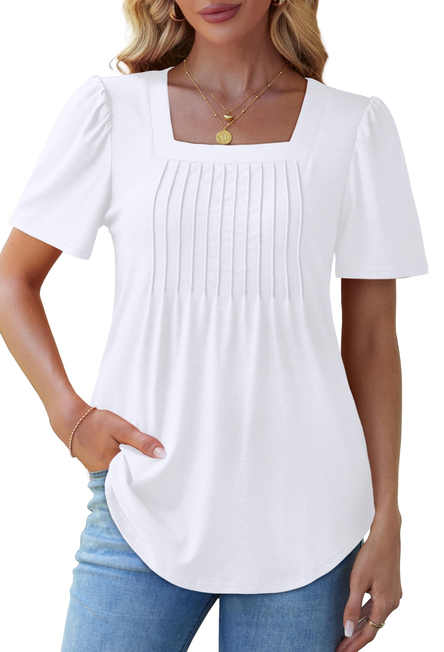 Summer Tops for Women 2025 Spring Outfits Beach Vacation Clothes Fashion Tshirts Shirts Loose Fit Short Sleeve Blouses for Women Dressy Casual Pleated White L