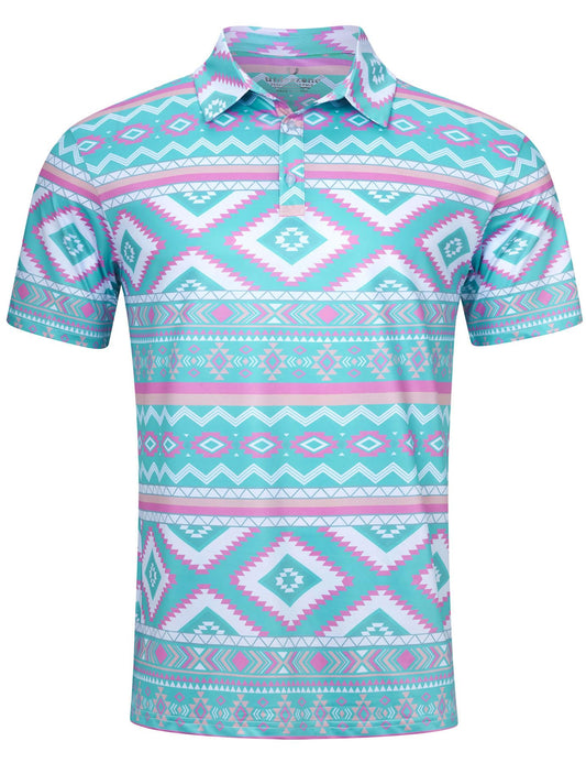 uideazone Mens Golf Shirts Short Sleeve Dry Fit Polo Shirt Ethnic Style Printed Turn-Down Collar Casual Comfortable Fitness Top Tees