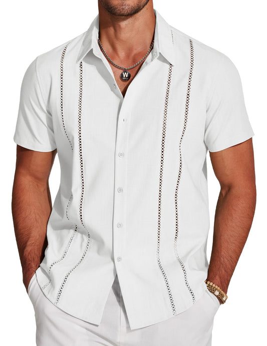 COOFANDY Men's Cuban Guayabera Shirt Short Sleeve Button Down Shirts Casual Summer Beach Linen Shirts A-White