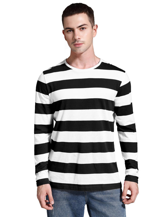 Zbrandy Mens Striped Shirt Wide Stripes Long Sleeve Crew Neck Tees Black and White M