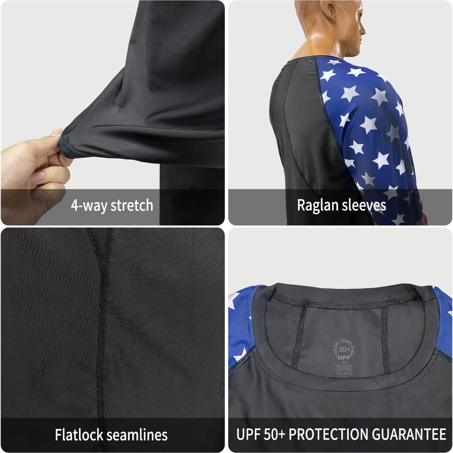 color cosplayer Jiu Jitsu Men American Flag UPF 50+ Sun Protection Printed Rash Guard Long Sleeve Swim Shirts