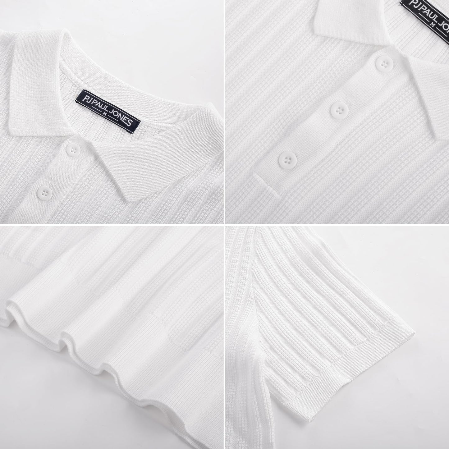 PJ PAUL JONES Mens Polo Shirts Short Sleeve Vintage Polo Shirt Textured Polo T Shirt Classic Knit Golf Shirt Collared T Shirt White L