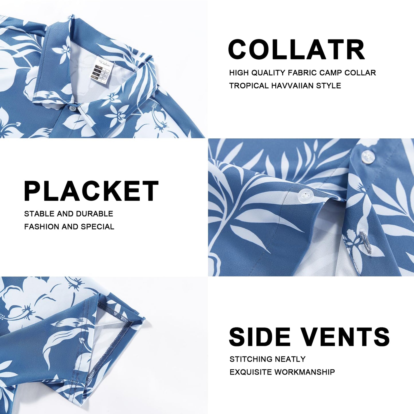 BOJIN Men's Hawaiian Wrinkle Free Short Sleeve Button Down Tropical Floral Beach Vacation Shirt White Flower Blue L