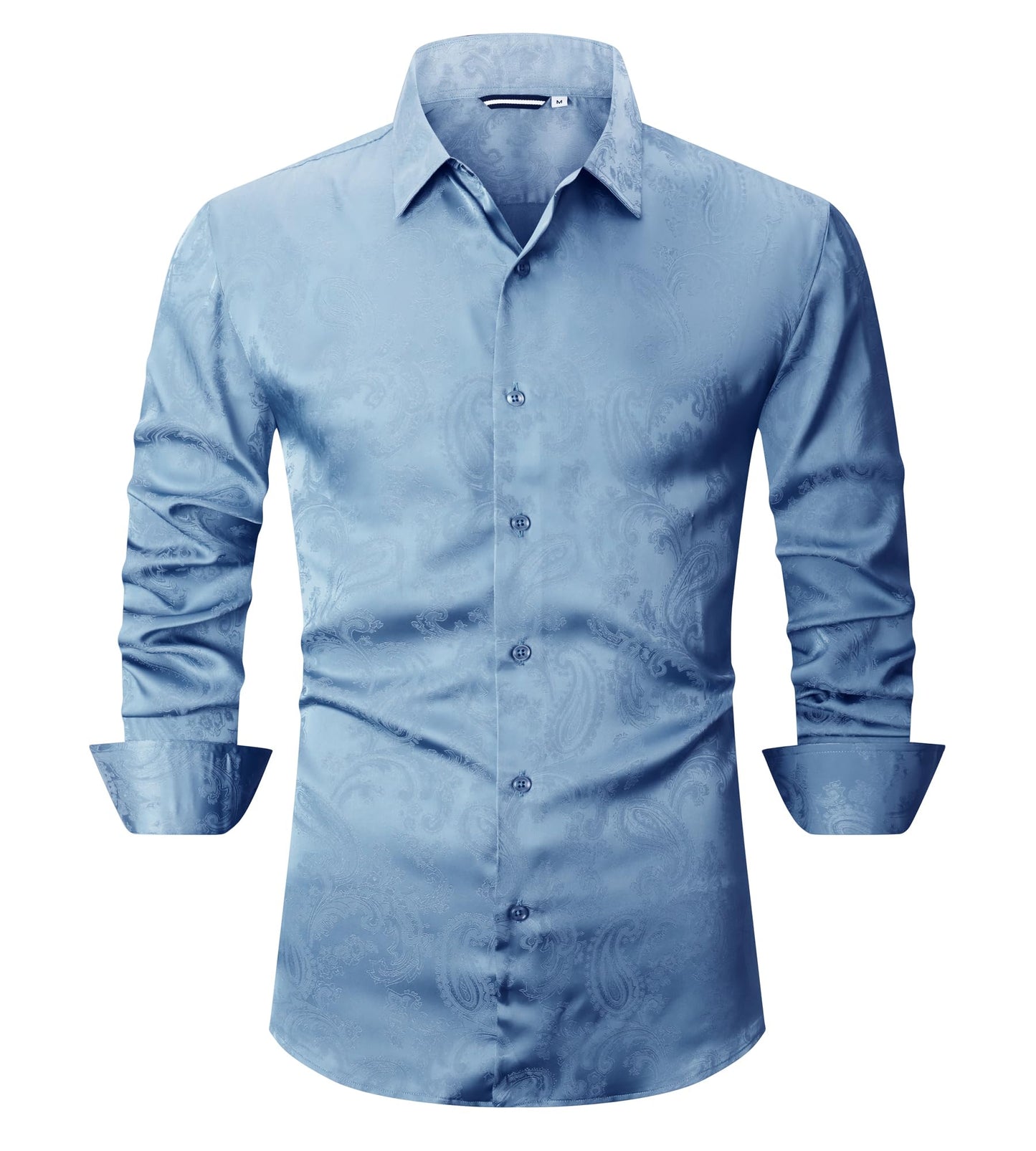 Alex Vando Mens Luxury Satin Dress Shirt Long Sleeve Silk Shiny Sateen Party Shirt,Blue Paisley,L