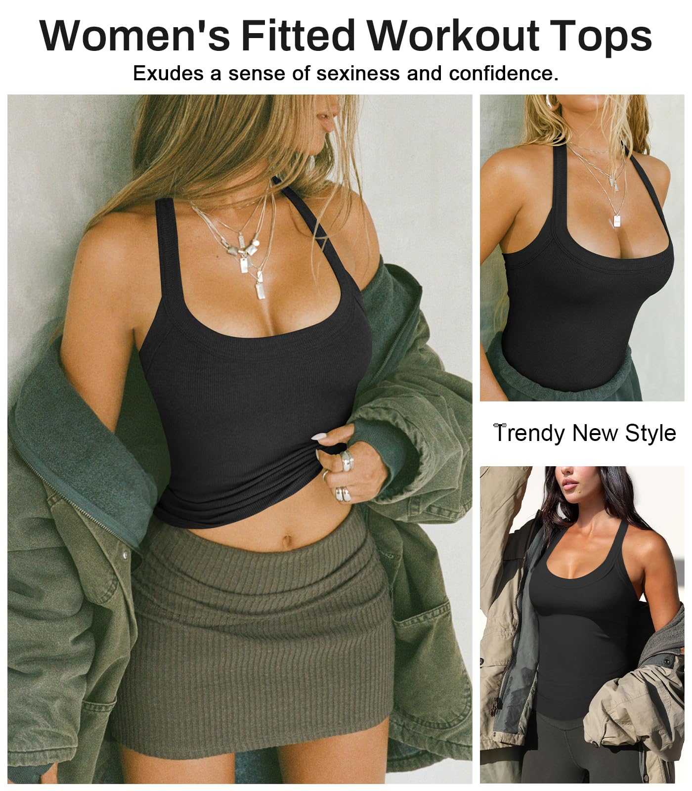 Hragc Womens Halter Top Deep Scoop Neck Low Cut Racerback Tank Top for Women Workout Ribbed Knit Fitted Black Small Sleeveless Cami Shirt