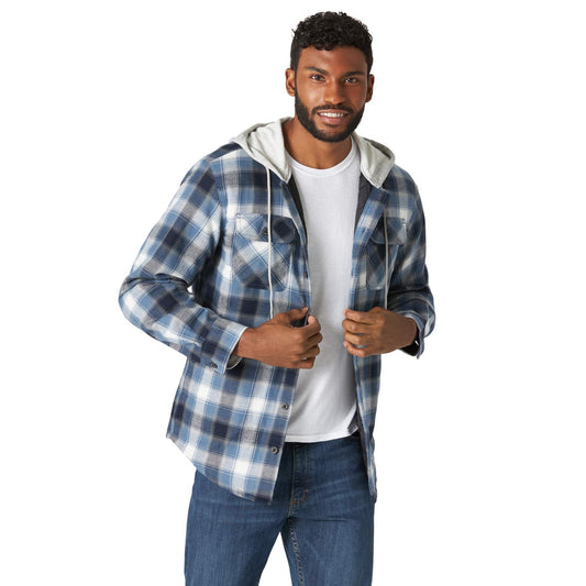 Wrangler Authentics Men's Long Sleeve Quilted Lined Flannel Shirt Jacket with Hood, Blue/Black, Large
