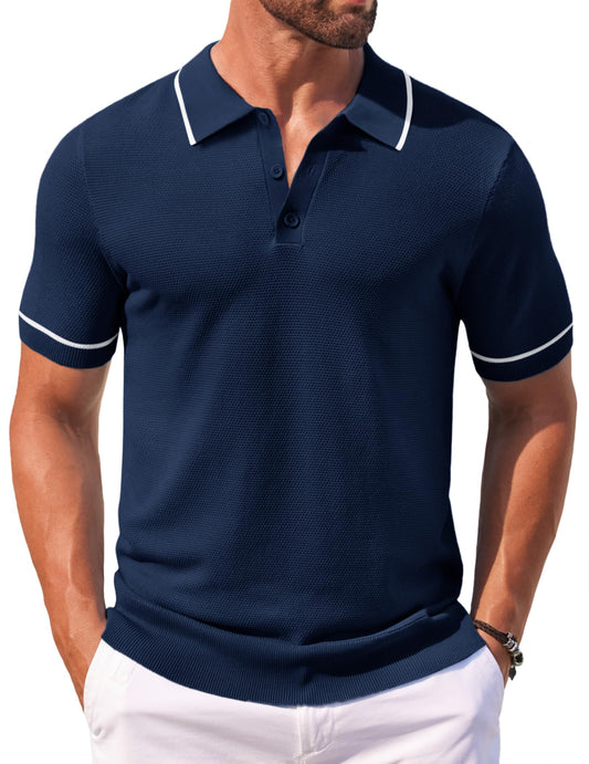 COOFANDY Mens Knit Polo Shirt Crochet Short Sleeve Quarter Button Shirts Vintage Waffle Classic Golf Shirts Navy Blue