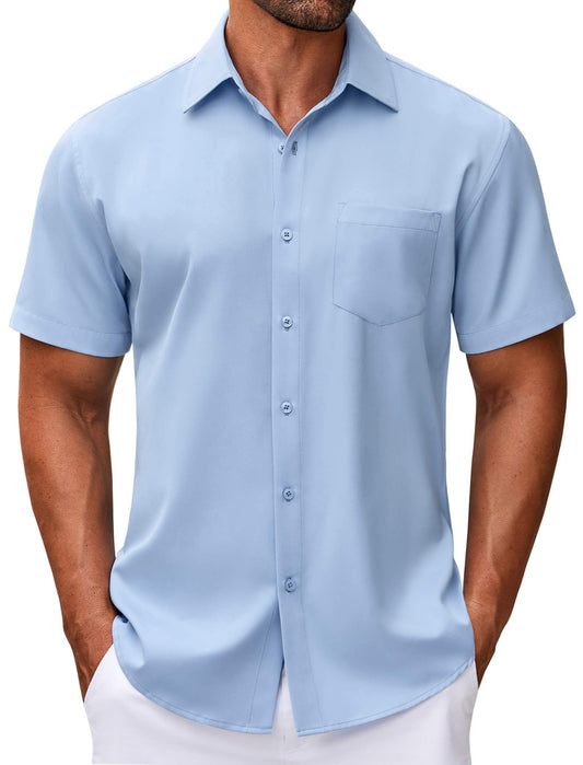 COOFANDY Men Summer Button Down Shirt Casual Short Sleeve Stretch Dress Shirt Stylish Slim Fit Muscle Fit Shirt Blue