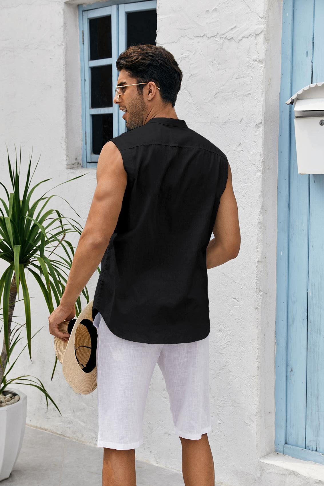 Bbalizko Mens Sleeveless Button Down Shirts Linen Cotton Summer Beach Basic Tank T-Shirt Tops (Large, Z-Black)