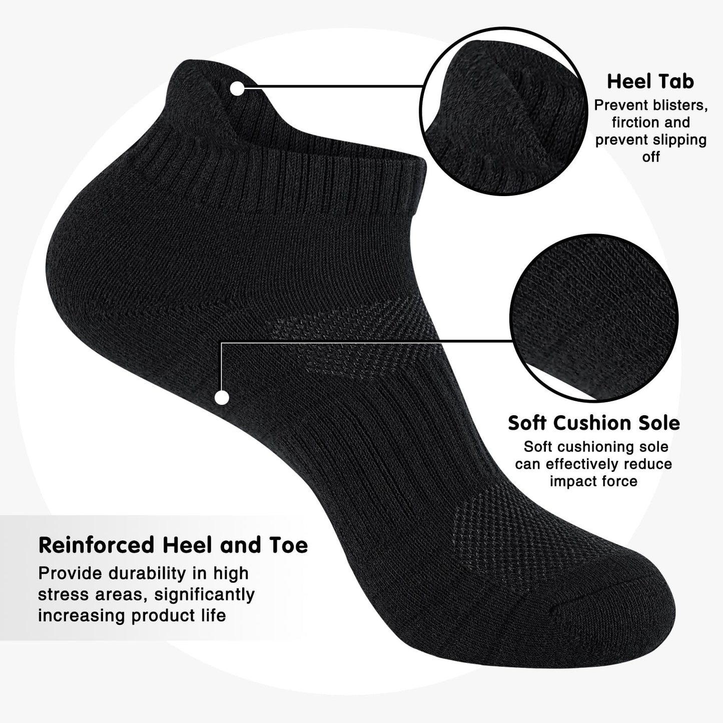 Mens 100% Cotton Ankel Socks, Athletic Cushioned Performance Running Moisture Wicking Breathable socks