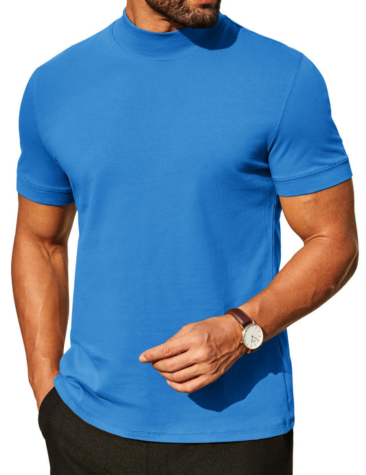 COOFANDY Mens Short Sleeve Mock Turtleneck Shirts Classic Dress Mock Neck Tshirts Heavyweight High Neck T Shirts Fashion Big and Tall T-Shirts Blue