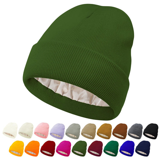 Unisex Satin Lined Beanie Silk Lined Beanie Warm Winter Hat Knit Hat Slouchy Beanie Hat for Women Men Green